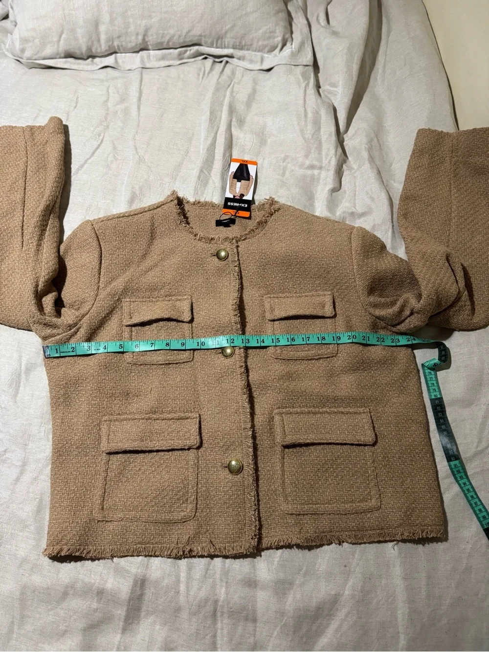 Express Women’s Tweed Fringe Jacket Tan Gold Button XXL Nwt - Picture 2 of 12